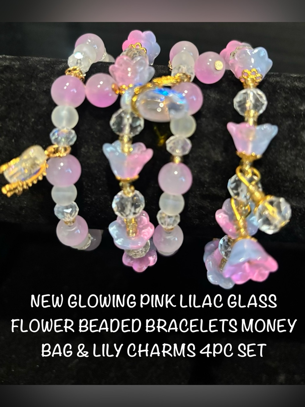 Glowing Two Colors Pink Lilac Glass Flower Beaded Bracelet W/Charms 4pc Set